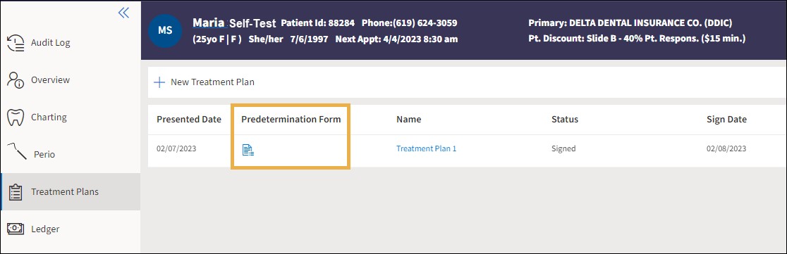 Treatment Plans page with yellow highlight box around the Print Predetermination Form icon.